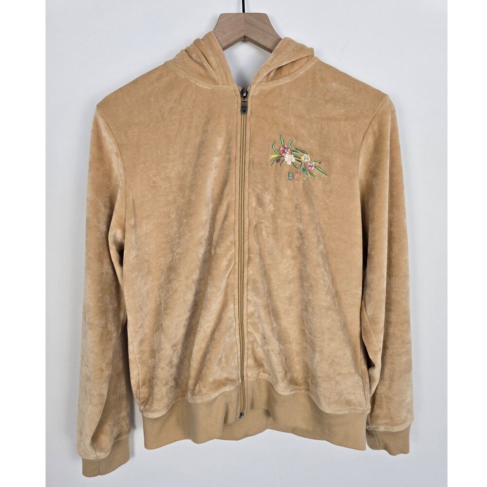 BCBGMAXAZRIA Camel Brown Velvet Zip Hoodie Beaded Sequin Peacock Floral Size XL
